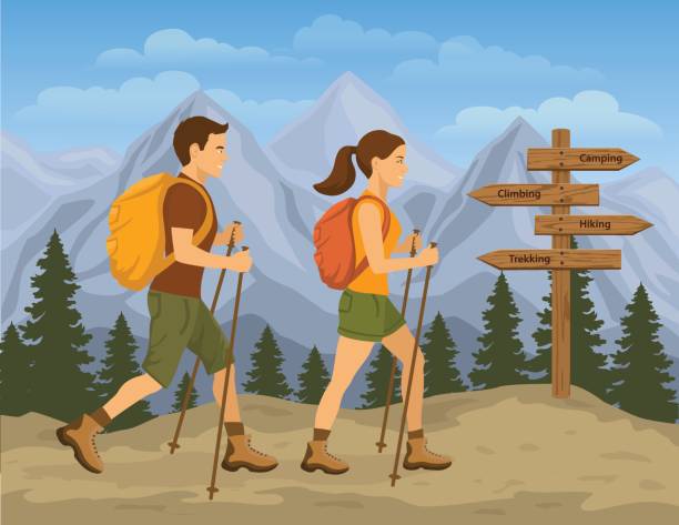 illustrations, cliparts, dessins animés et icônes de couple voyageant dans les montagnes. homme et femme randonnée - marcher foret