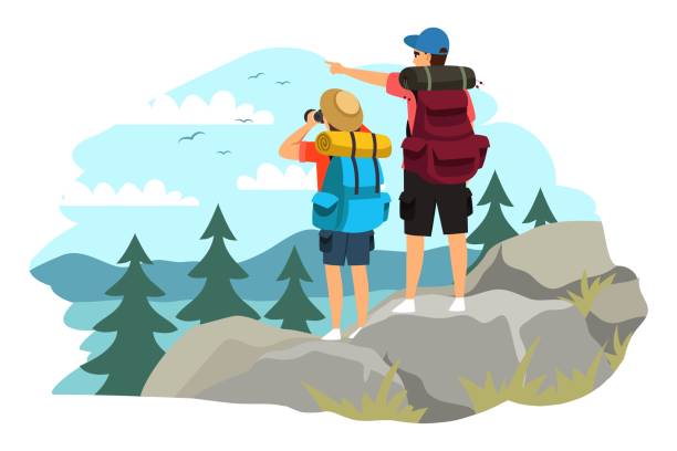 カップルは山でトレッキング。山の中を旅する男女、上に立つ女の子、双眼鏡を見ている女の子、指で指差す男。観光客の屋外シーンベクトル。一緒に登る - ハイキング点のイラスト素材／クリップアート素材／マンガ素材／アイコン素材