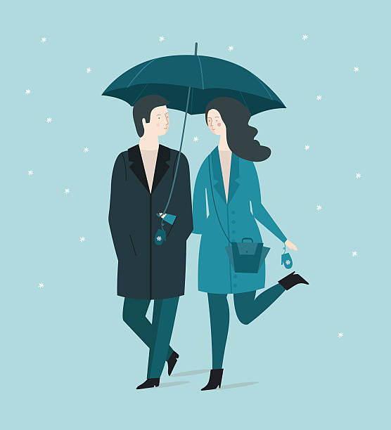 ilustrações de stock, clip art, desenhos animados e ícones de casal com guarda-chuva - woman holding a christmas gift