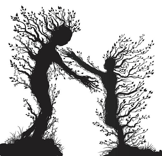 couple two tree silhouettes look like man and woman with stretching arm to each other, plant surrealism,  fairy tree silhouettes two tree souls on white background, vector. growth silhouettes stock illustrations