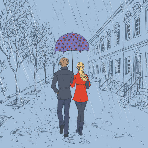 Couple walking down the street in the rain Romantic couple walking down the street in the rain under an umbrella with hearts pattern rain drawings stock illustrations