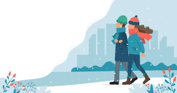 stockillustraties, clipart, cartoons en iconen met paar wandelen in de winter. leuke vector illustratie in platte stijl. - happy couple cold