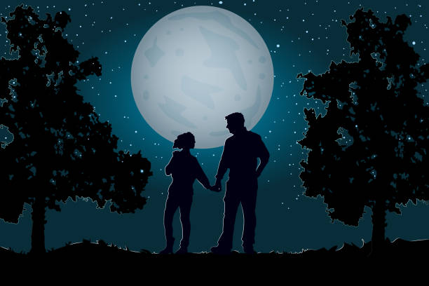 Moonlight Silhouettes Of A Boy And Girl Illustrations, Royalty-Free ...