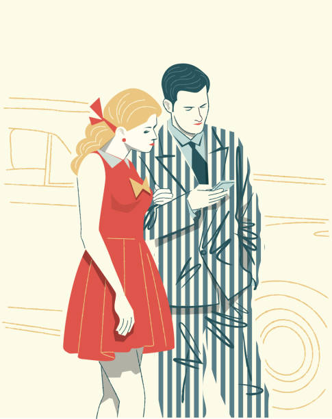 couple watching the cell phone Couple watching the Cell Phone in a retro Image oficina stock illustrations