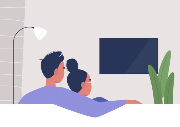 illustrations, cliparts, dessins animés et icônes de un couple regardant la tv à la maison, relaxation de week-end, mode de vie moderne - living room