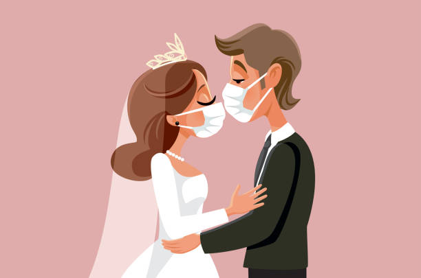 Couple Wearing Masks During Pandemic Wedding Husband and wife getting married in corona virus times funny surgical mask cartoon stock illustrations