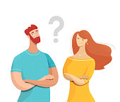 Couple with question mark flat vector illustration. Uncertainty in relationship. Cartoon friends, colleagues sharing secret isolated characters. Bearded man, cute lady with crossed arms gesture