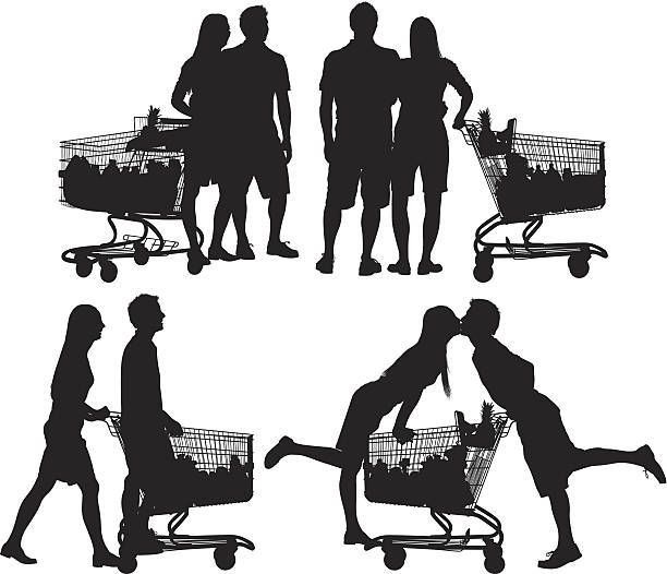 Couple with shopping cart Couple with shopping carthttp://www.twodozendesign.info/i/1.png supermarket silhouettes stock illustrations