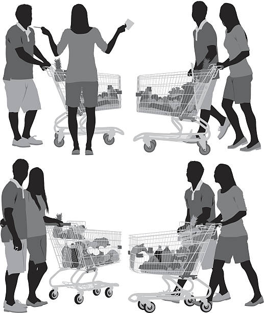 Couple with shopping cart Couple with shopping carthttp://www.twodozendesign.info/i/1.png supermarket silhouettes stock illustrations