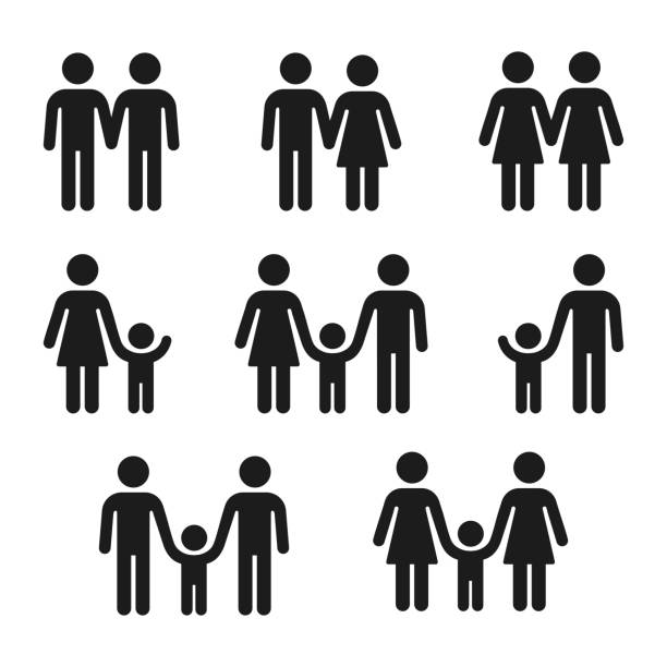 Couples and families icons Families with children, single parents and couples. Traditional and same sex relationship. Simple people figure icons, vector symbol set. family designs stock illustrations