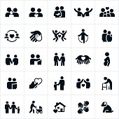 Icons representing couple and family relationships. The icons show couples holding hands, families, children, spouses and other loving relationship themes found within the family unit.
