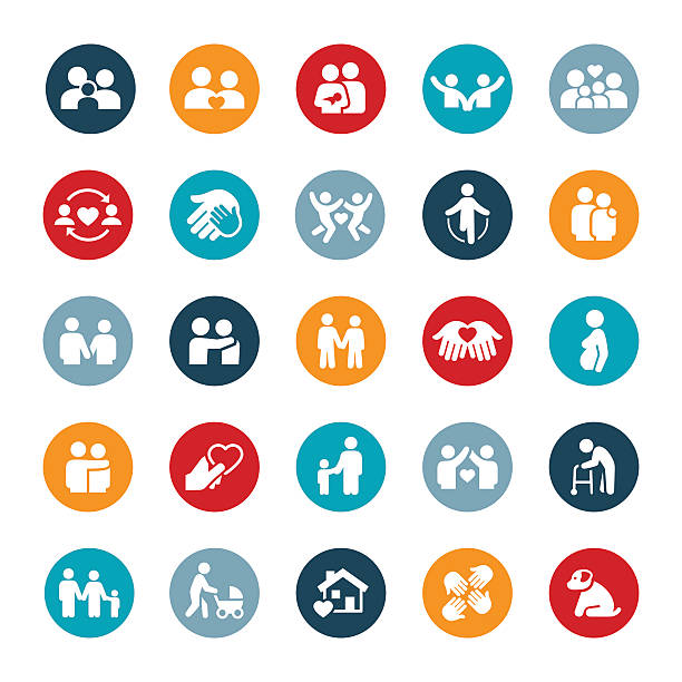 Couples and Family Relations Icons Icons representing couple and family relationships. The icons show couples holding hands, families, children, spouses and other loving relationship themes found within the family unit. pregnant symbols stock illustrations