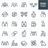 A set couple and family relations icons that include editable strokes or outlines using the EPS vector file. The icons include a family of four, couple with a heart, couple holding a newborn, couple holding hands, child's hand in adults hand, child jump roping, couple with arm around shoulder, parent with hand on child's shoulder, teenagers holding hands, pregnant woman, hand holding a heart, single mother with hand on child's shoulder, elderly man using walker, family of three holding hands, mother pushing baby stroller, family teamwork and a pet dog to name a few.
