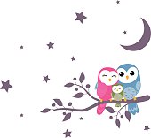 Vector Illustration of couples of owls family sitting on night scene