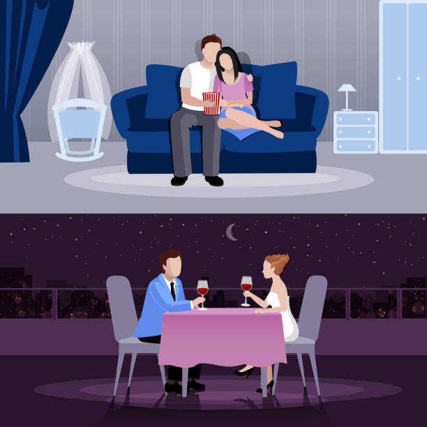 couples people flat compositions Happy couples people in romantic atmosphere at home and restaurant flat compositions isolated vector illustration date night stock illustrations