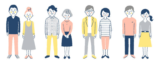 笑顔で立っている4組のカップル - 若者　日本人点のイラスト素材／クリップアート素材／マンガ素材／アイコン素材
