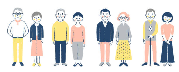 illustrations, cliparts, dessins animés et icônes de 4 couples restant avec un sourire - senior portrait fullbody