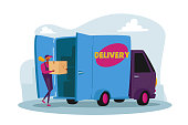 istock Courier Character Loading Parcel Box in Truck for Delivery to Clients. Mail, Postage Package Transportation Service 1287092802