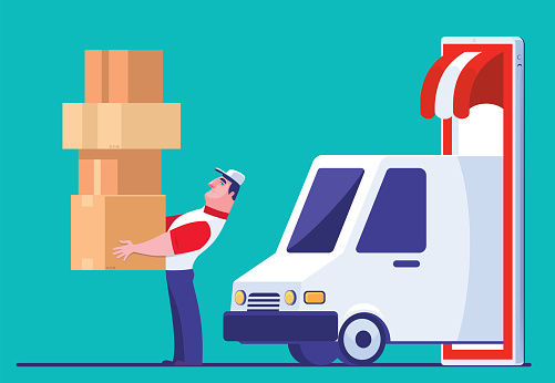 courier delivering parcels with van via smartphone