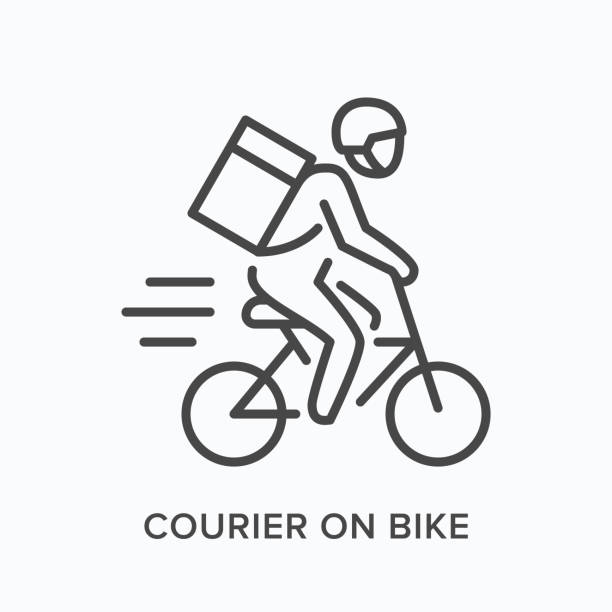 illustrations, cliparts, dessins animés et icônes de courier sur l’icône de ligne de vélo. illustration de contour de vecteur de la livraison expresse. pictorgam de pizza de vélo - livreur