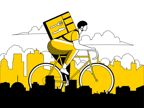 Courier or delivery guy on bicycle riding on city landscape silhouette in black and yellow colors. Food delivery service concept for banner or flyer or website design. Vector illustration