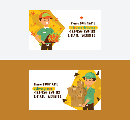 Courier vector business card postman man character of delivery service delivering parcel box package flower illustration backdrop deliveryman person transporting set of business-card background