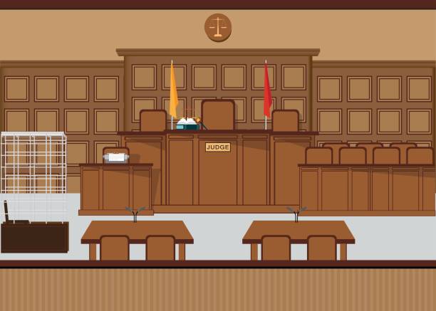 Court of law hall with wooden furniture. Court of law hall with wooden furniture, Judicial court interior vector illustration. supreme court building stock illustrations