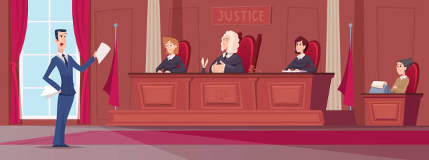 зал суда. судьи в форме, сидящие в суде юристы работников за столом точный вектор мультфильм фон - supreme court stock illustrations