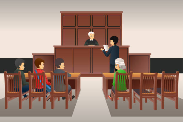 courtroom szene-illustration - gerichtssaal verletzung stock-grafiken, -clipart, -cartoons und -symbole