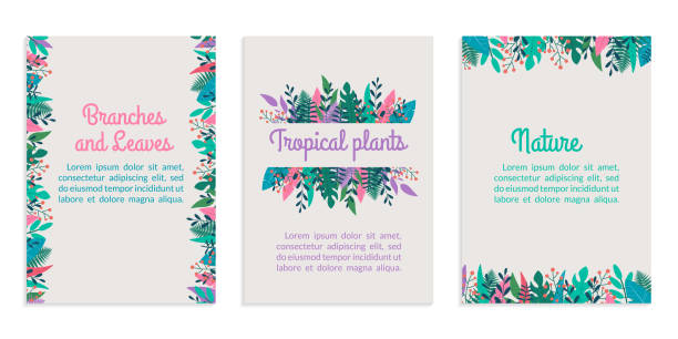 Cover design set with leaves and green plants. Spring and summer banner or poster collection with space for text. Leaf and tree branches background. Template for nature magazine, spa flyer. Vector. Cover design set with leaves and green plants. Spring and summer banner or poster collection with space for text. Leaf and tree branches background. Template for nature magazine, spa flyer. Vector. grass borders stock illustrations