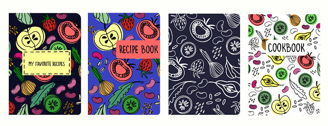Cover page templates for recipe books based on seamless patterns with fruit and vegetables
