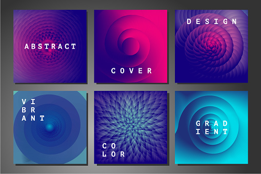 Cover set with abstract backgrounds. Vector geometry patterns with vibrant color gradient. Colorful vortex and spiral.