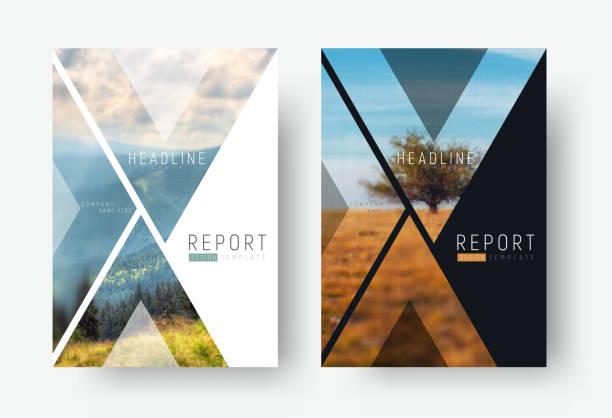 szablon okładki raportu w minimalistycznym stylu z trójkątnymi elementami projektu zdjęcia. - billboard mockup stock illustrations