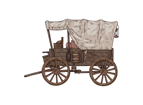 Covered wagon with shafts drawn by horses, sketch vector illustration isolated.