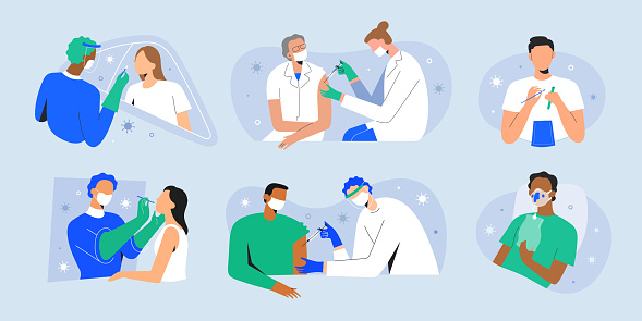 Covid characters, vaccine shot, people get vaccinated, tested for coronavirus, rapid PCR test, patient with pneumonia, vector cartoon illustration