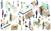 25 people wear face masks and interact in various pandemic-related settings in this  illustration stickersheet presented in isometric view. Set includes a medical or pharmaceutical lab, a patients receiving medications and immunizations, a man washing his hands, a patient in hospital bed on ventilator, socially distant seating on public transit, a remote worker, a woman at a desk with a plexiglass shield, a woman at a pharmacy, cleaning cart, a woman getting her temperature taken, a grocery checkout scene during covid, a first responder, and other people and objects.