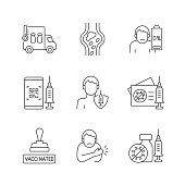 Covid passport linear icons set. Vaccination during virus pandemic. Pharmaceutical treatment. Customizable thin line contour symbols. Isolated vector outline illustrations. Editable stroke