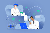 istock Covid research concept, medical doctors sharing data with scientisists working on antiviral coronavirus remedy, developing vaccine. Medical doctor in gown in laboratory using computer. 1289222248