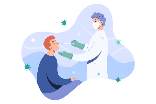 Covid test, doctor collects nose mucus by swab sample for covid-19 infection, patient being tested, lab analysis, medical checkup, flat cartoon vector illustration, friendly doctor in face mask