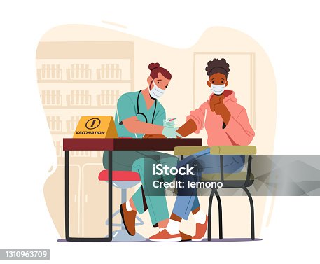 istock Covid Vaccination Concept. Doctor Character Injecting Coronavirus Vaccine to Patient Arm. Woman Sitting in Medic Cabinet 1310963709
