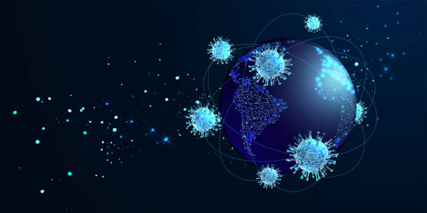 Covid-19. Concept health safety protection coronavirus epidemic 2019 nCoV. Viruses fly around planet Earth. Low poly wireframe style. Vector Covid-19. Concept health safety protection coronavirus epidemic 2019 nCoV. Viruses fly around planet Earth. Low poly wireframe style. Vector viral infection stock illustrations