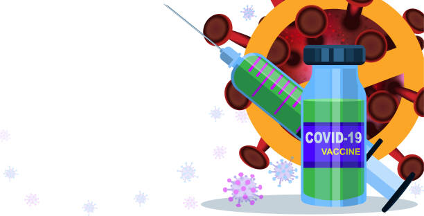 Covid-19 coronavirus vaccine treatment vector background. Covid19 vaccine bottle, syringe injection tool vector art illustration