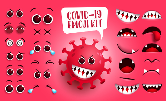 Covid-19 emoji kit vector set. Coronavirus covid-19 smiley icon and emoticon face editable creation, eyes and mouth with scary facial expression isolated.