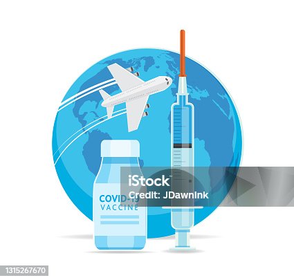 istock Covid-19 flu virus vaccination syringe, bottle and flight travel theme with countries on white background 1315267670