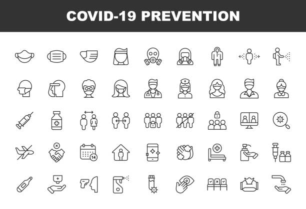 Covid-19 Prevention Line Icons. Editable Stroke. Pixel Perfect. For Mobile and Web. Contains such icons as Face Mask, Visor, Disinfection, Doctor, Senior Adult, Syringe, Medicine, Pharmacy, Video Conference, Travel Ban, Stay Home, Vaccine. 45 Covid-19 Prevention Outline Icons. Face Mask, Visor, Medical Equipment, Safety Suit, Disinfection, Man Wearing Face Mask, Woman Wearing Face Mask, Doctor with Face Mask, Female Doctor, Senior Adult with Face Mask, Syringe, Medicine, Drugs, Pill, Pharmacy, Social Distancing, Video Conference, Work from Home, Medical Exam, No Flights, Travel Ban, No Handshake, Quarantine, Stay Home, Washing Hands, Hospital Bed, Vaccine, Thermometer, Fever, Flask, Wet Tissues, Water. n95 mask stock illustrations
