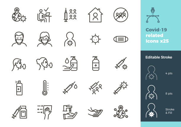 Covid-19 related icons. 25 different coronavirus, flu, sickness, medical and health and home working in lockdown graphic elements. Thin outline minimal illustrations. Vector eps10 at home covid test stock illustrations