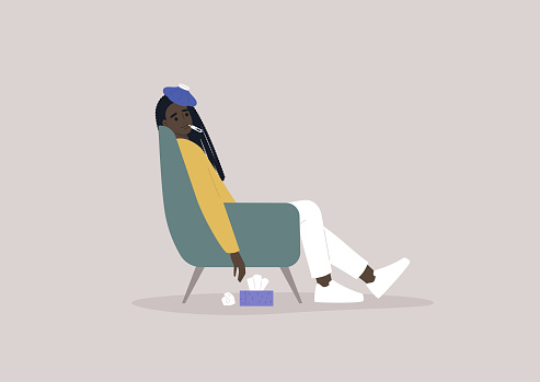 Covid-19 symptoms, a young female Black exhausted character sitting in an armchair with an ice bag on a forehead and a thermometer in her mouth