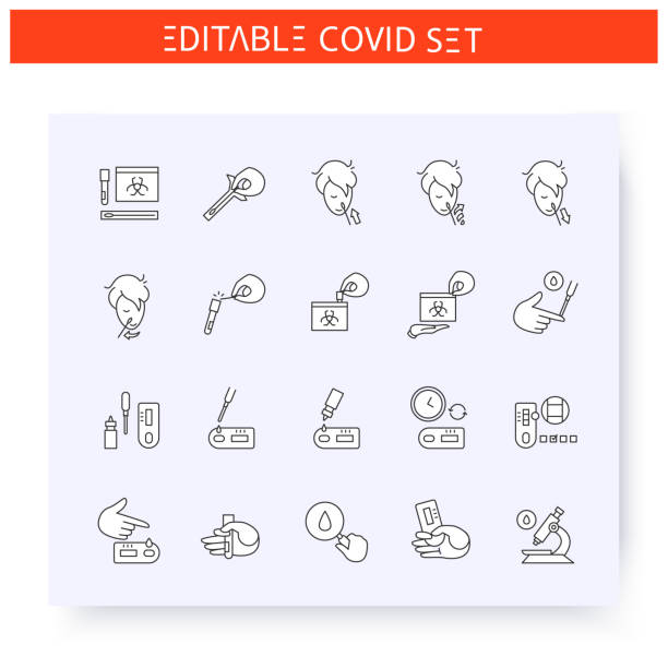 Covid19 testing line icons set Covid19 testing line icons set.Rapid blood diagnostic and nasal swab test.Coronavirus home testing tutorial, step by step. Flu, covid diagnostics equipment.Isolated vector illustration.Editable stroke at home covid test stock illustrations