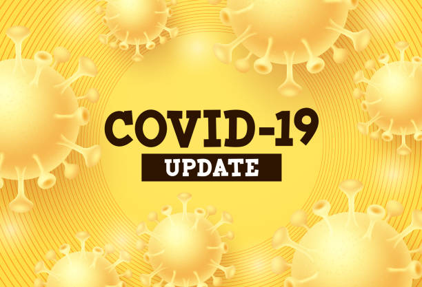 stockillustraties, clipart, cartoons en iconen met covid-19 update vector achtergrond. covid-19 update tekst met corona virus in gele achtergrond - update