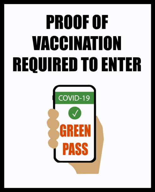 Covid-19 vaccination certificate , also known as green pass in Europe, is required to enter. Covid-19 vaccination certificate , also known as green pass in Europe, is required to enter. Information and warning sign. vaccine mandate stock illustrations